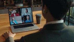 Portraits of corporate team members attend online meeting with Indian partner laptop screen view. Group video chat of colleagues and manager in office. Communication on internet - Powered by Shutterstock - Get 15% off with code: PIKWIZARD15