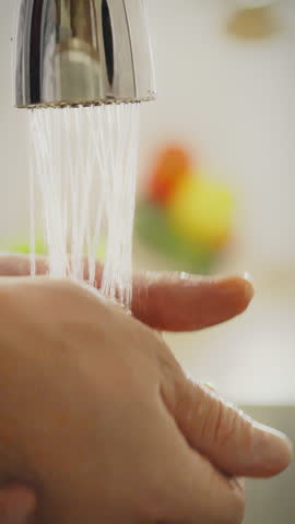 In a private kitchen setting, a young man is washing his hands thoroughly under running tap water. This attention to hand hygiene emphasizes safety and cleanliness before preparing food