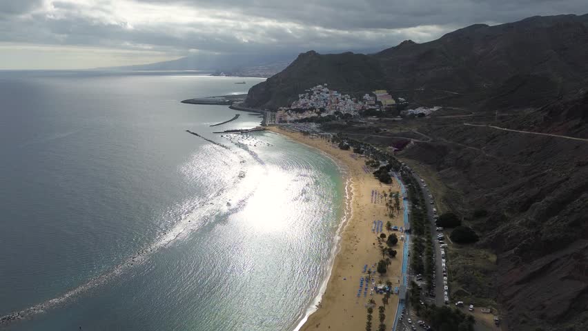 Aerial view of the Playa de Las Teresitas (Las Teresitas Beach) near Santa Cruz de Tenerife, the capital city of the Canary Islands, Spain
