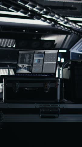 Vertical video Chroma key monitor in space station surrounded by high tech equipment tracking analytics. Isolated screen display enabling real time mission control and spacecraft hardware