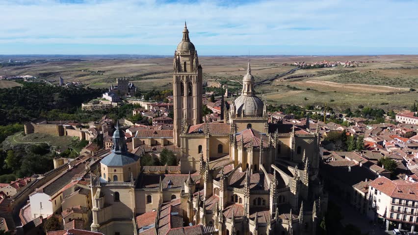 Aerial view of the Cathedral of Segovia dedicated to the Assumption of the Virgin Mary and to Saint Fructus in Castile and León, Spain