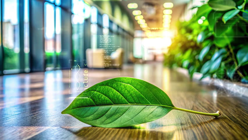 Green leaf symbolizing sustainable business practices in modern office