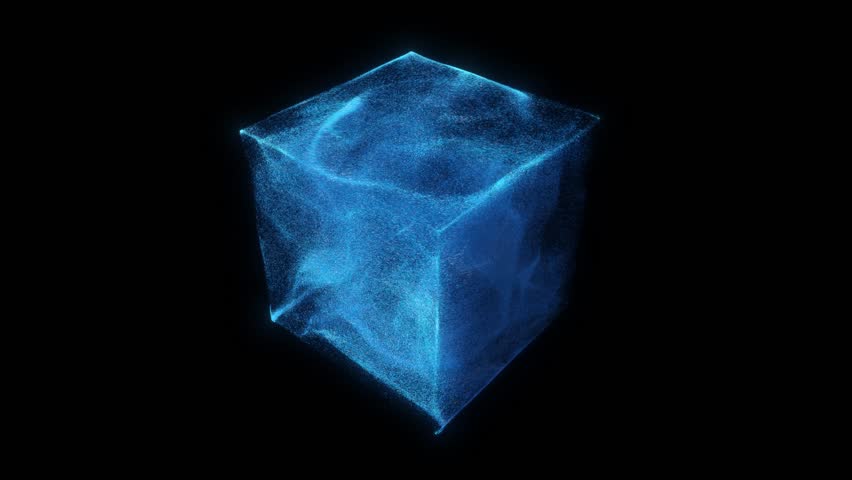 glowing blue particles swirling inside a translucent cube against a black background. Dynamic light effect, scientific visualization, technology concept. Abstract 3D render, 4K loop

