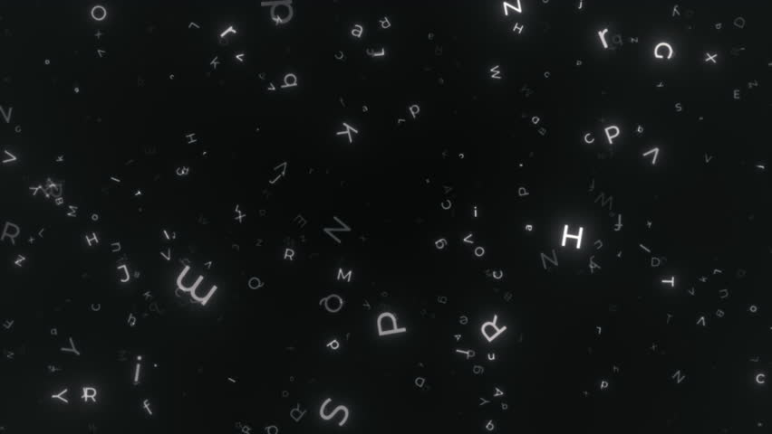 Flying through the abstract letter expanse. Alphabet symbols background. Seamless loop