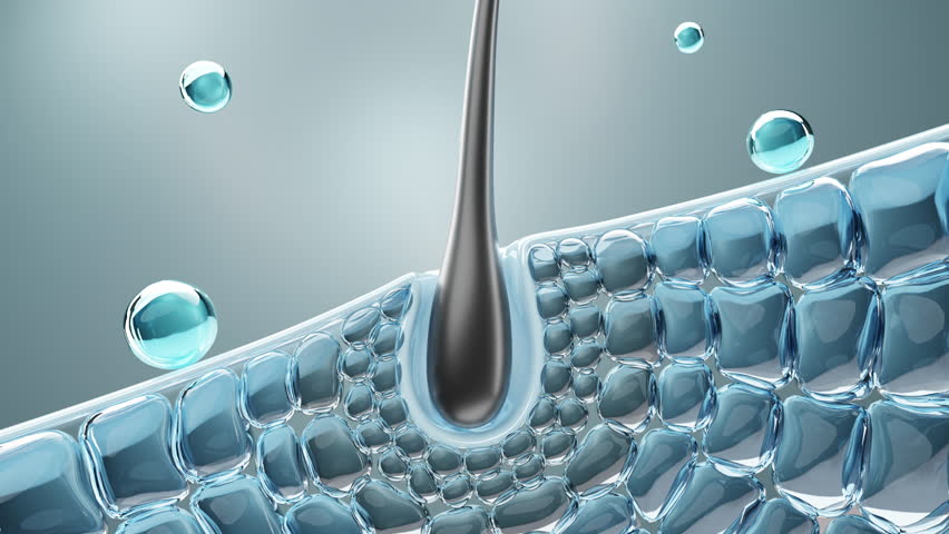 Hair care, hair growth oil drop to root, Animation Nourish hair action of shampoo or serum. Repair damaged hair. 3d rendering.