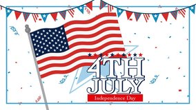 Animation of American flag waving with festive confetti and banners, celebrating Independence Day with vibrant colors and dynamic movement - Powered by Shutterstock - Get 15% off with code: PIKWIZARD15