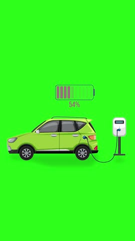 A green car charges at a station, showing battery progress from 5% to 100% on a vibrant green background