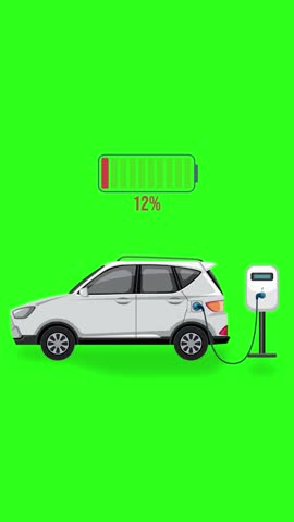 Animation of an electric car charging, showing battery percentage increase from 7% to 100% on a green background