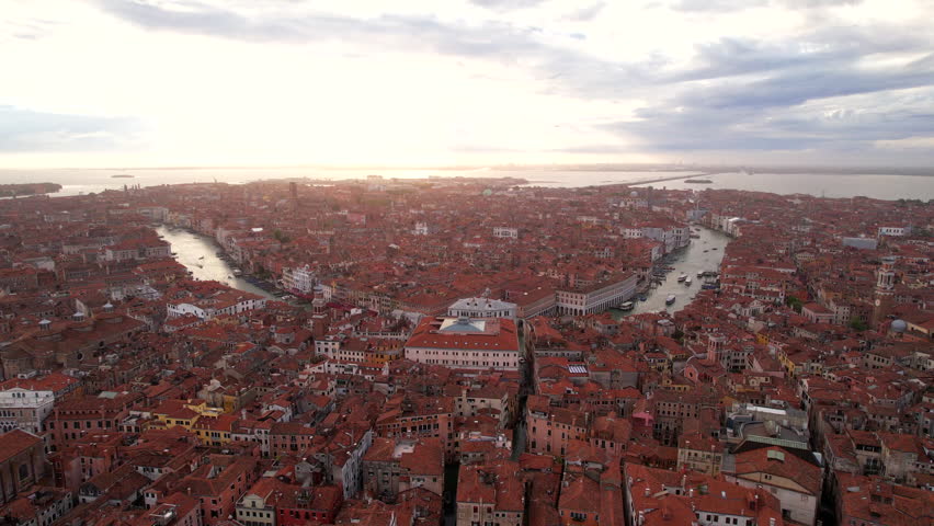 Curve of the main Grand Canal of Venice at sunset. Aerial
