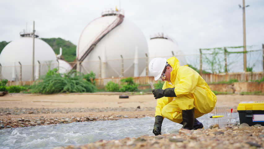 Environmental scientist in protective uniform using test tube collecting water samples discharged from an industrial factory into the sea. Ecologists sampling water to analysis quality in laboratory.