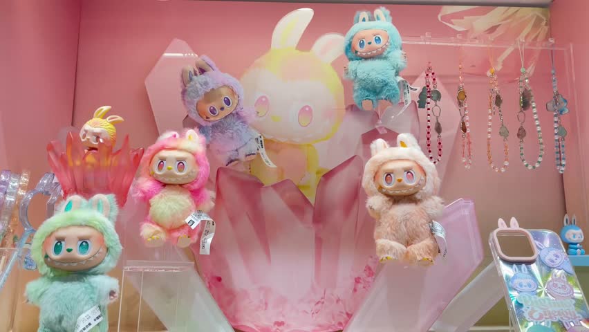 Chengdu, Sichuan, China - June 5, 2025: Different POP MART toys displayed in a showcase