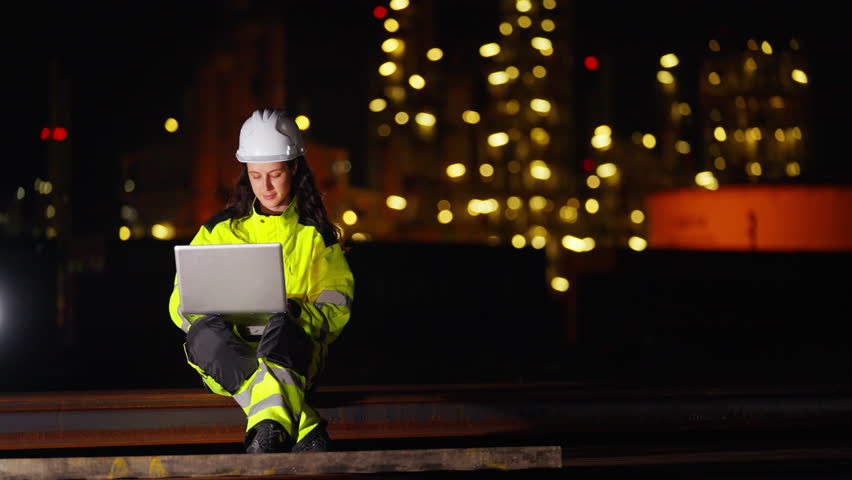 Female petrochemical industry engineer working on laptop, speaking on walkie talkie, inspection petroleum oil refinery plant construction site at night. Technician maintaining energy power gas system.