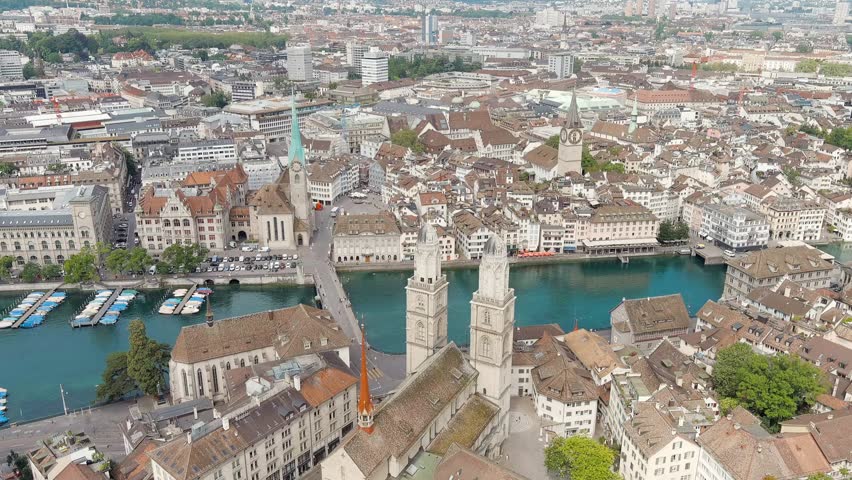 Zurich, Switzerland. Grossmunster. Panorama of the city overlooking. Summer day. Stable, Aerial View, Point of interest