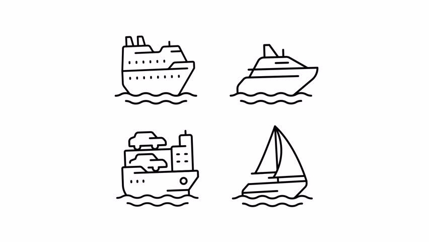 Ship carriers line animation set. Vessel rent animated icons. Tourism, vacation. Shipment, yacht. Logistics, sailing. Outline elements on white background. HD video with alpha channel