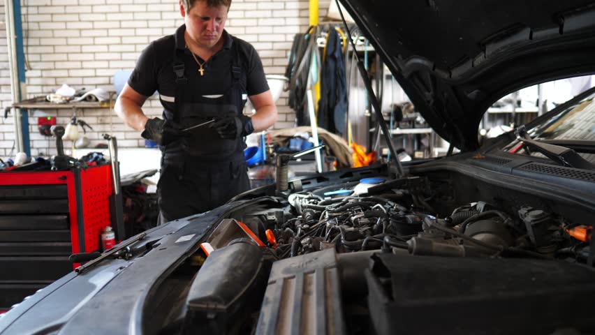 Professional repairman working under hood of vehicle at service. Young auto mechanic fixing engine of car at workshop. Male repairer checking automobile motor at garage. Transport diagnostic concept