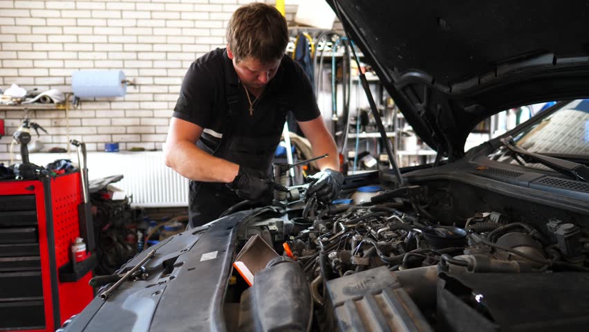 Professional repairman working under hood of vehicle at service. Young auto mechanic fixing engine of car at workshop. Male repairer checking automobile motor at garage. Transport diagnostic concept