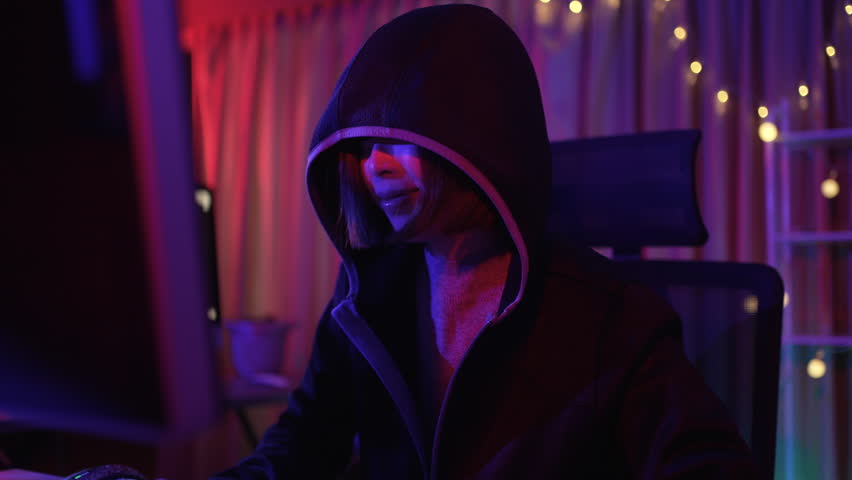Hacker is working with computer. Cyber security, Technology.