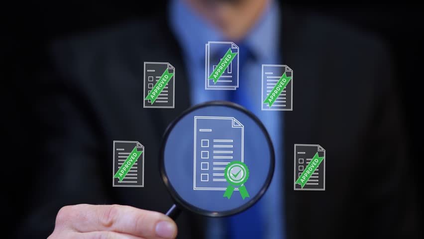 Businessman holds magnifier over Documents Review and Approval. Quality Control, Certificate Management Concept