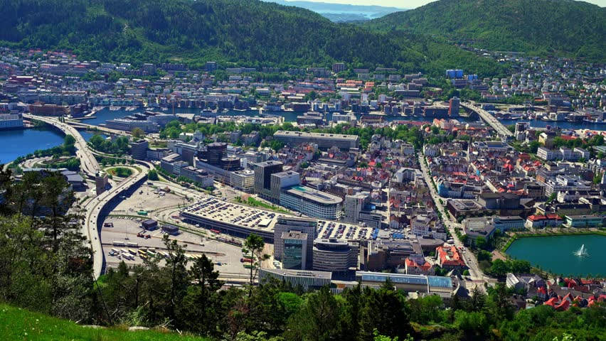 The city of Bergen, Norway, panoramic views, particularly when seen from elevated locations. These views often feature the harbor, historic Bryggen wharf, and the surrounding fjords and mountains