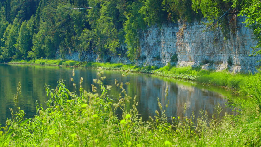 Calm river flows in a mountains with green lush coasts