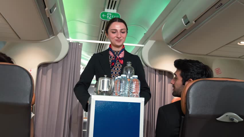 Air hostess walks through airplane cabin serving water to passenger. Demonstrates friendly, professional airline service and passenger-focused hospitality.