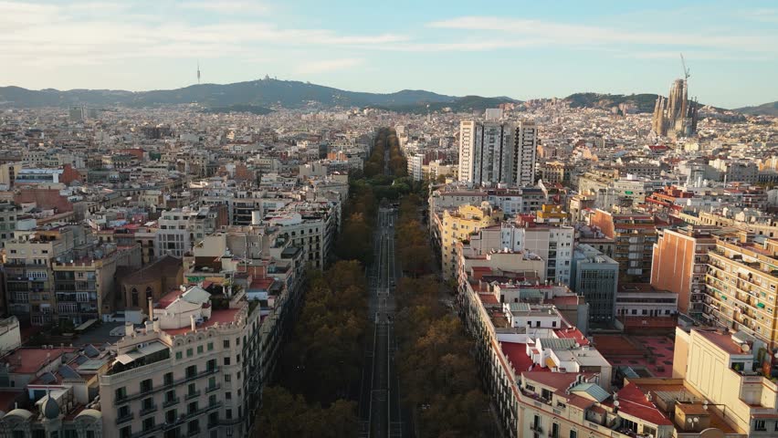Aerial view of Barcelona Urban Skyline and The Arc de Triomf or Arco de Triunfo in spanish, a triumphal arch in the city of Barcelona, Catalonia, High quality 4k footage