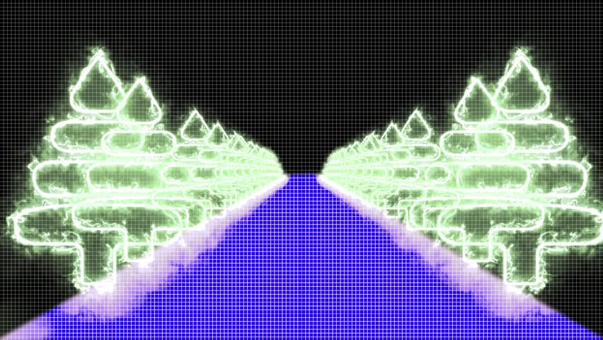 The video  neon trees and symmetrical design evoke a sense of motion and depth, blending natural forms with geometric abstraction in a dreamlike, sci-fi inspired atmosphere.	