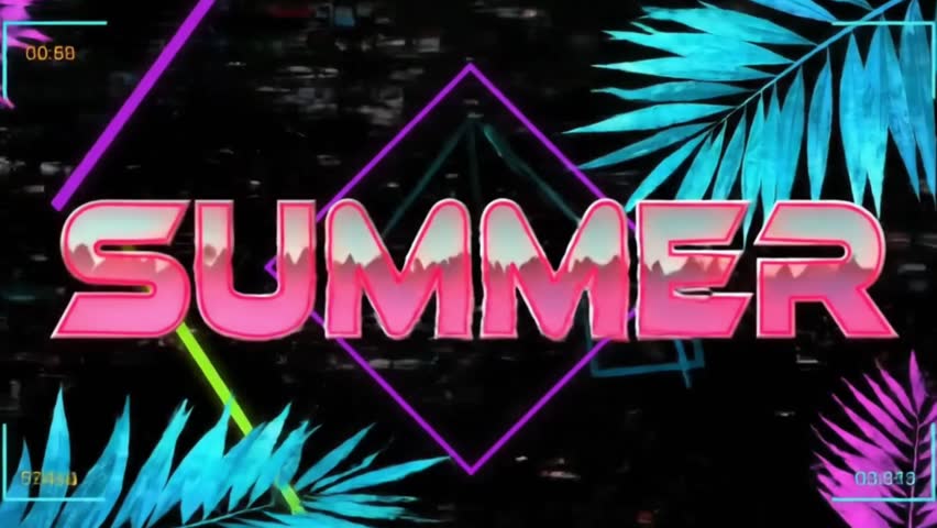 Futuristic digital summer animation with neon palm leaves, glitch effects, glowing shapes, and techno typography. Perfect for EDM promos, sci-fi visuals, or modern seasonal content.