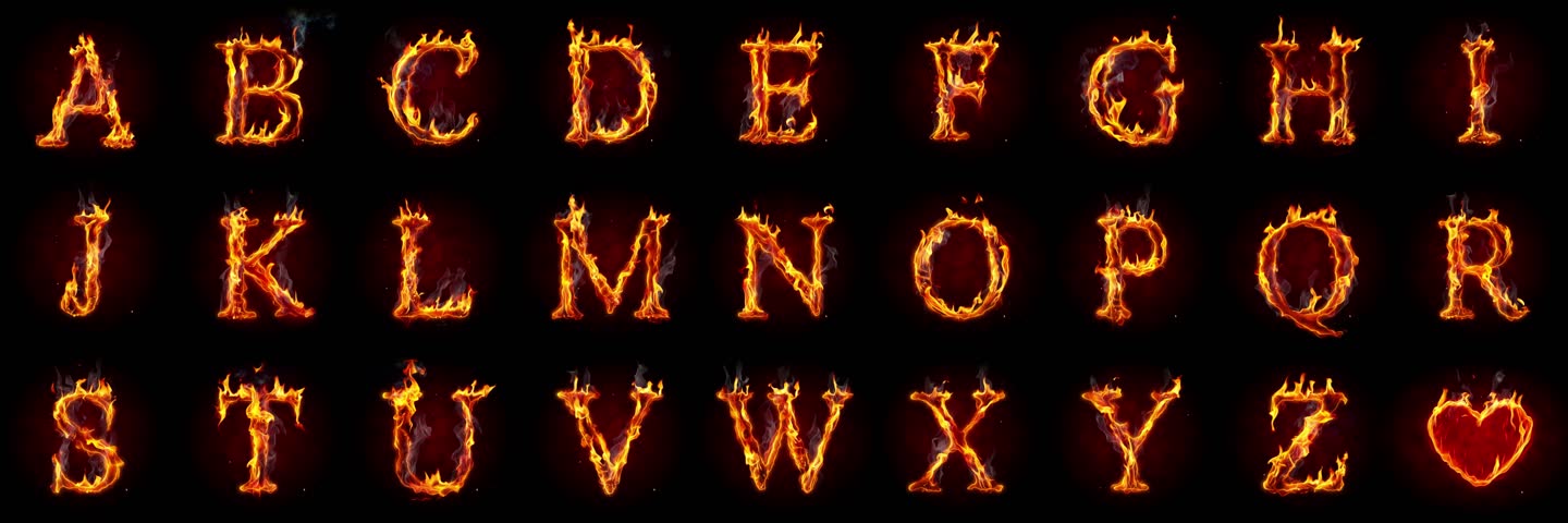 Fire letters isolated on black background. Burning alphabet and heart symbol. Made of real flames, sparks and smoke in slow motion.	