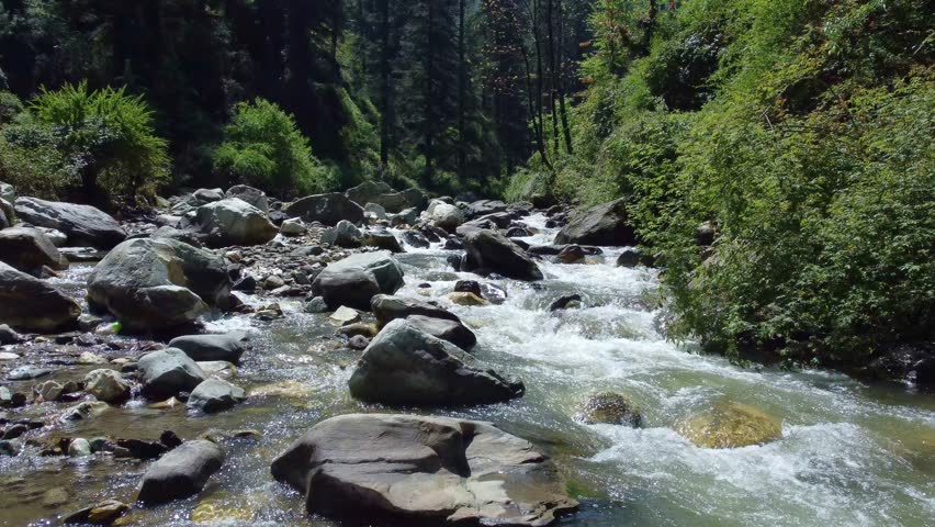 Drone view shot of a rushing river.