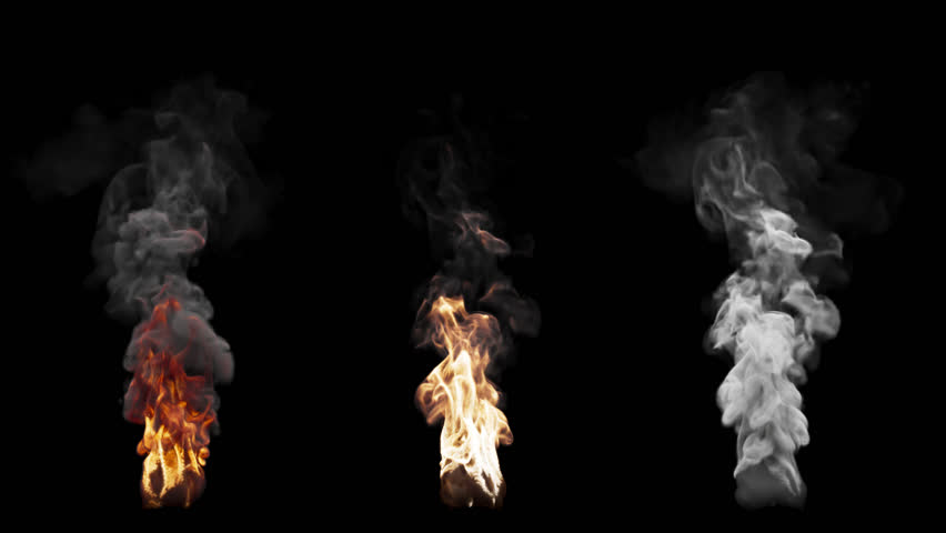 Set of three fire burning variants. The first variant has a lot of smoke. The second variant contains more fire. The third variant consists of white smoke. File contains Alpha Channel.