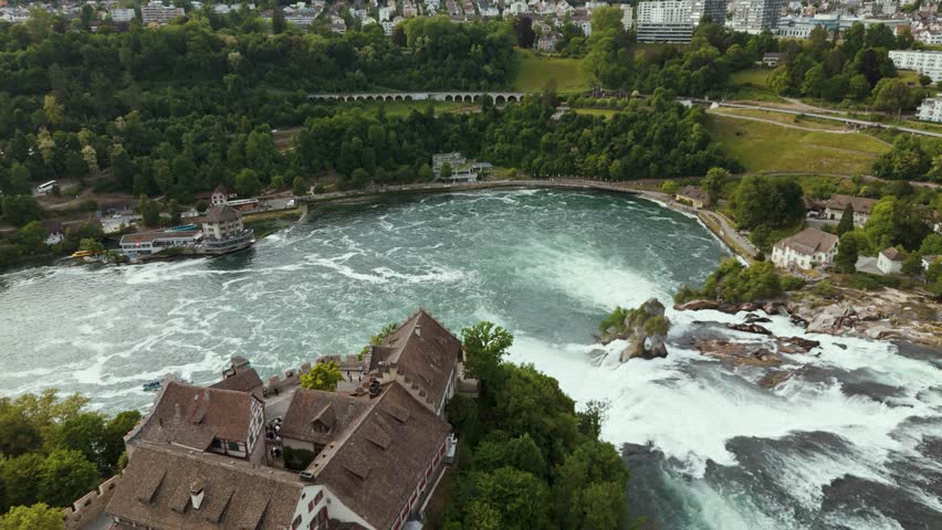 Aerial view of Rhine Falls in Schaffhausen, Switzerland with the castle