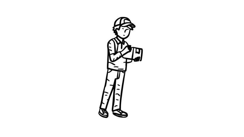 Animation Hand-Drawn Black and White Mail Carrier Delivering a Package Doodle Illustration