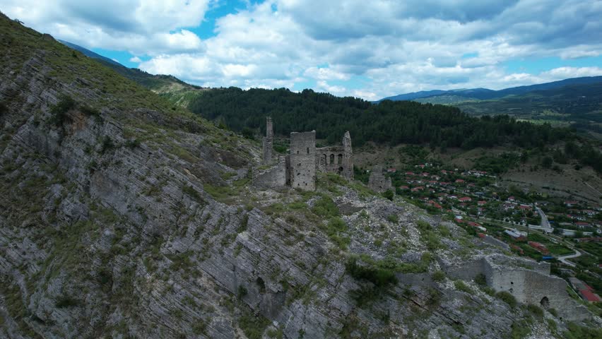 Vjosa River Valley Tourist Attraction Medieval Stone Tower Ruins on Steep Cliff in Albania