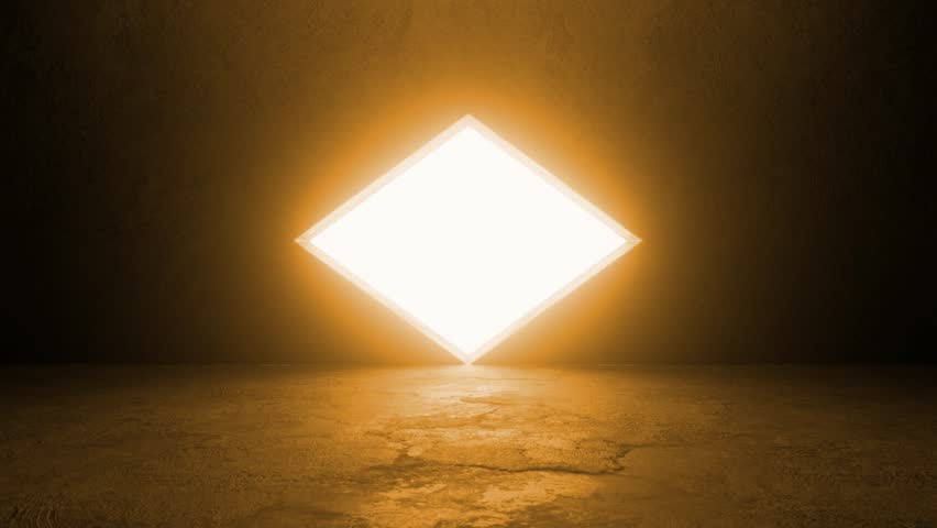 Luminous diamond shaped doorway gradually revealing radiant white light within dimly textured architectural interior, symbolizing transformative passage between mysterious realms