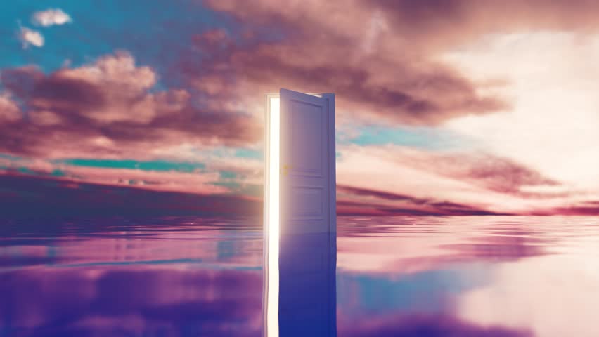 Surreal animation showing a white door standing on water gradually opening, revealing a bright light with a beautiful cloudy sky background