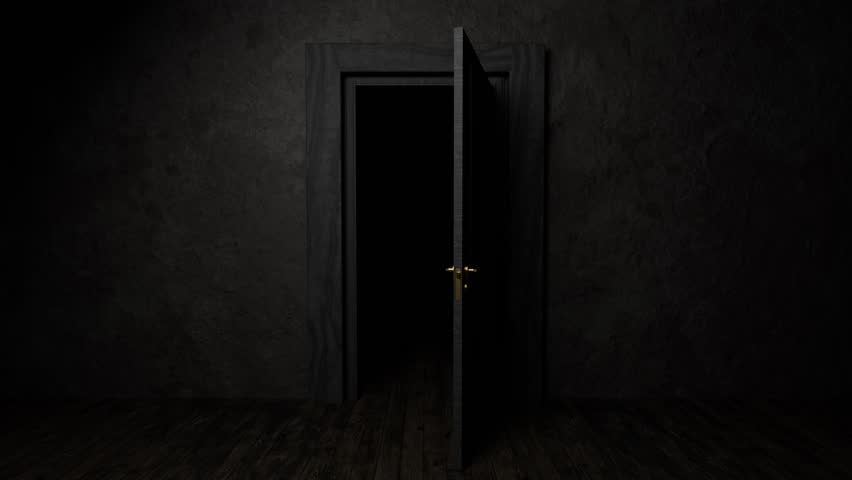 Dark mysterious room featuring vintage black door gradually opening, exposing impenetrable darkness behind wooden frame, generating intense suspenseful atmosphere