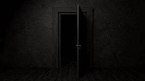 Dark mysterious room featuring vintage black door gradually opening, exposing impenetrable darkness behind wooden frame, generating intense suspenseful atmosphere - Powered by Shutterstock - Get 15% off with code: PIKWIZARD15