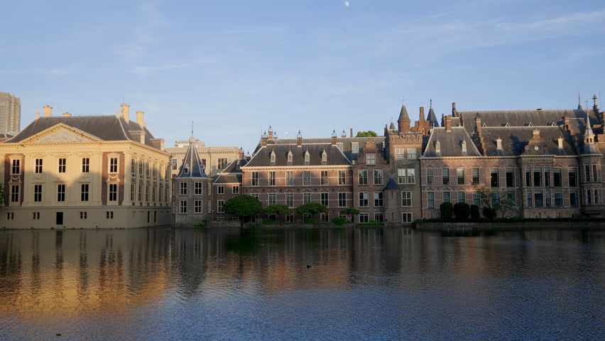 Cityscape of The Dutch Parliament Binnenhof Palace at sunset in The Hague, The Netherlands.