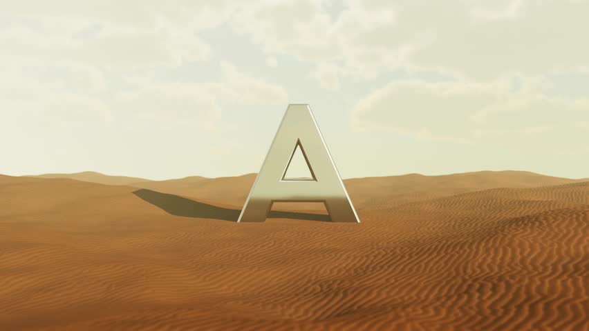 Metallic letter a towering in barren desert landscape, camera zooming through triangular opening, revealing minimalist typography against expansive sandy background