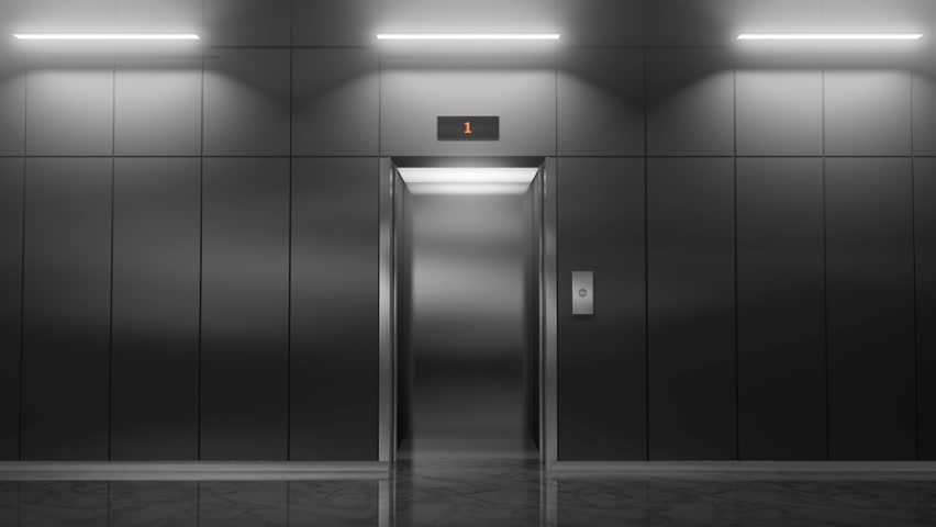 Elevator doors sliding open, revealing modern building interior with dark walls and bright illumination, showcasing sleek, contemporary architectural design and transportation accessibility