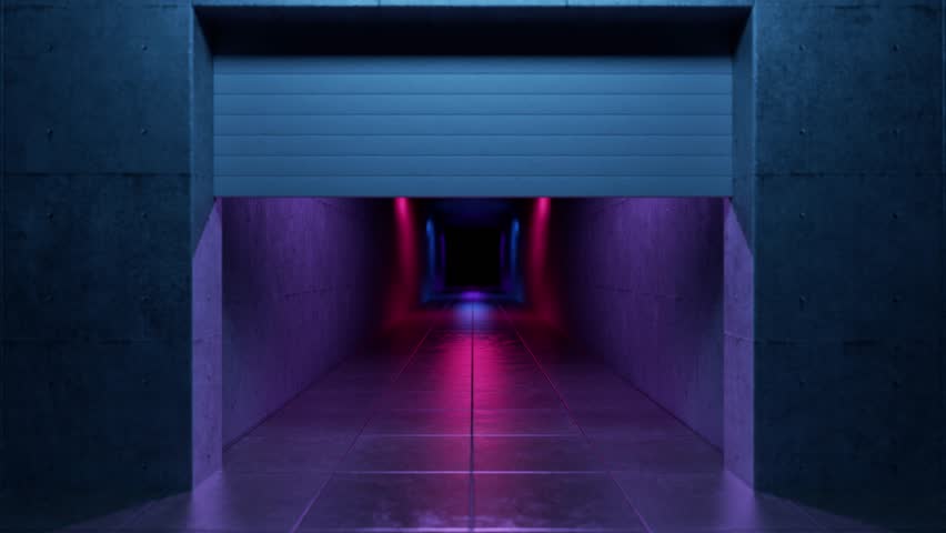 Metal garage door is lifting, revealing a dark corridor illuminated by neon pink and blue lights, creating a mysterious and futuristic atmosphere