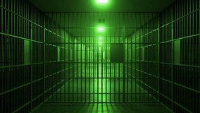Green light illuminates an empty jail cell block corridor with multiple metal bar gates and doors, creating a mysterious and ominous atmosphere - Powered by Shutterstock - Get 15% off with code: PIKWIZARD15