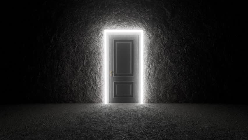 Glowing frame illuminates closed door in dark room, then gradually opens, revealing intense white light, symbolizing hope, opportunity, or mystery