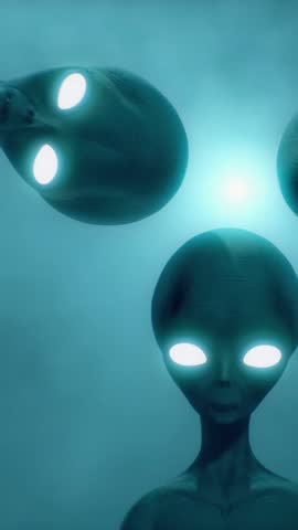 Scary gray aliens looking down at you and blinking against the dark foggy background of a moon-like planet. Volumetric light. UFO futuristic concept. 3D rendering.