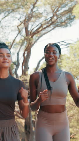 Running, team and health with friends in nature for training, marathon practice and support. Sports athlete, fitness partner and wellness with women on forest path for runner workout and exercise