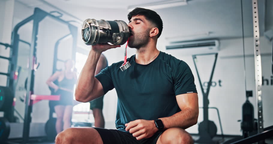 Athlete, man and drink water in gym for fitness, hydration and thirsty from workout routine. Active male, bottle and refreshing liquid for training recovery, exercise performance and wellness goals