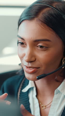 Call center, telemarketing and business woman talking for sales, lead generation and inquiry. Happy consultant, headset and speaking with customer for outbound marketing, crm and follow up question