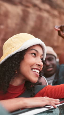 Happy, woman and friends in car for road trip for drive, travel adventure and vacation. Smile, people and freedom in vehicle for transport journey, sightseeing and bonding together of getaway holiday