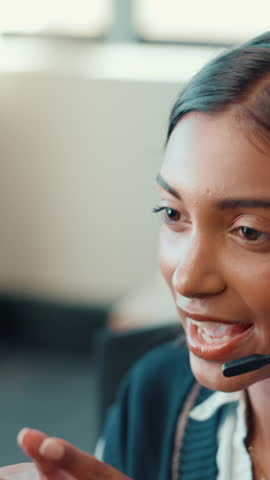 Call center, telemarketing and business woman speaking for sales or lead generation on computer. Consultant, face and talk with customer on headset for outbound marketing, crm or follow up question